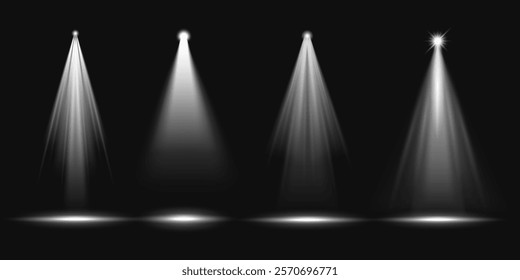 Four bright spotlights shine on a dark stage. Spotlights create dramatic lighting. Each spotlight casts a focused beam. Spotlights illuminate the stage. Overlay effect vector element set.