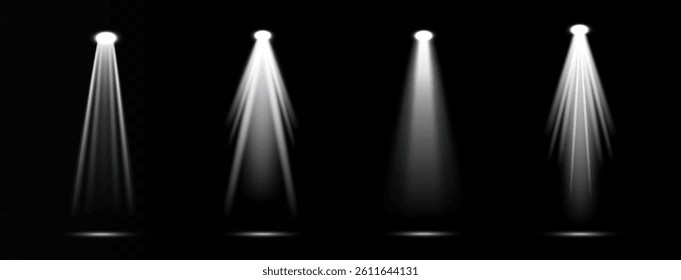 Four bright spotlights shine on a dark stage. The vector set of light includes a light source, studio lighting, walls, and a PNG. Finally, it includes light beams and a light effect.