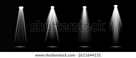 Four bright spotlights shine on a dark stage. The vector set of light includes a light source, studio lighting, walls, and a PNG. Finally, it includes light beams and a light effect.