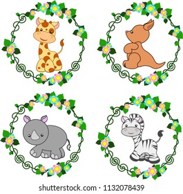 four bright stylized animals in a round floral frame, vector