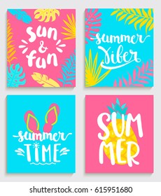 Four bright summer cards  with tropical leaves,  pineapple and slippers.  Fun quote design logo or label. Vector illustration.