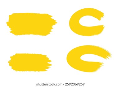 Four Bright Yellow Brush Strokes for Design Elements
four vibrant yellow brush strokes, two rectangular and two curved, set against a plain white background.