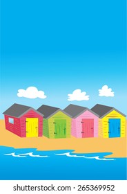 Four brightly colored beach huts on a sandy beach with blue sea and sky