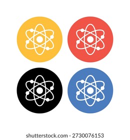 Cuatro círculos de colores brillantes con símbolos atómicos en amarillo, rojo, azul y negro que muestran Elementos de diseño modernos de ciencia y tecnología