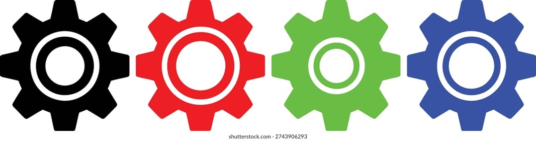 Four brightly colored vector gear icons in black red green and blue symbolize operational processes technical settings and integrated teamwork components clearly designed for industrial concepts.