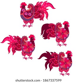 Four brightly patterned folk-style roosters with paisley-shaped wings and expressive tails isolated on a white background. Design elements.