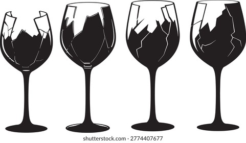 Four broken wine glasses silhouette icon vector. Fragile objects. Damaged items.