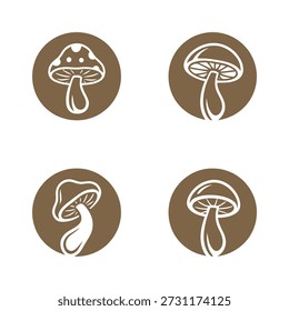 Four brown circle icons of different mushroom silhouettes on white background icon