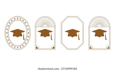 Quatro emblemas de chapéu de graduação marrom com bordas decorativas e destaques de estrela no fundo branco acadêmico