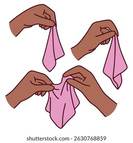 Four brown hands pull soft pink fabric from opposite sides, symbolizing group textile check, collaboration, or shared domestic care. Strong visual representation of material test and diversity