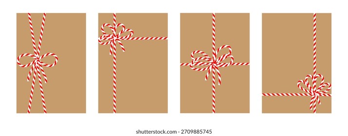 Cuatro fondos kraft marrones con arcos de cuerda a rayas rojas y blancas, Navidades mínimas y diseño de envoltura de regalo navideño. Ilustración vectorial
