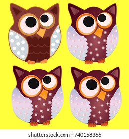 Four Brown Owl with blue wings in specks and stars and eyes centered on the center