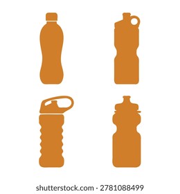 Four brown plastic water bottles silhouettes in different shapes and sizes
