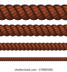 Four brown ropes in different sizes on white background.