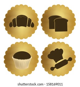 four brown silhouettes of wheat products in golden circles