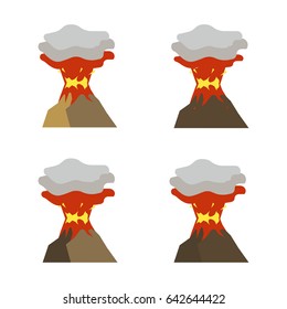 Four brown volcanoes throw out lava, smoke and sprays rise to the top