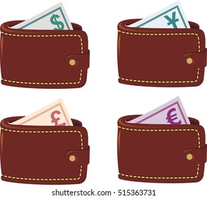 Four brown wallet full currency with dollar, euro, pound sterling, yen on white background.