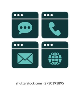 Four browser windows displaying communication icons message phone email and globe