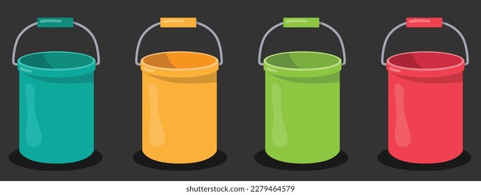 Four buckets on a black background red, orange, green and blue