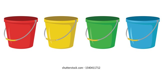 Four buckets vector on white background, red, yellow, green and blue color