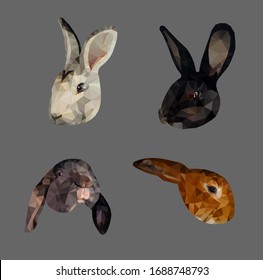 Four bunny faces (black, white, ginger, brown) low poly triangular vector illustration isolated on grey. Polygonal style trendy modern logo business fairy design template.