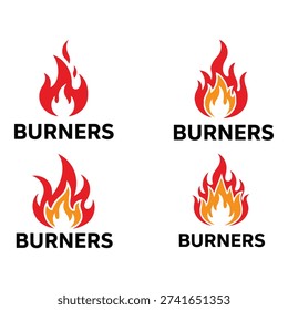 Four burner logos with flame icons and text on white background icon