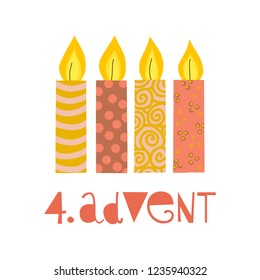 Four burning advent candles vector illustration. Fourth sunday in advent. 4. Advent german text. Flat Holiday design with candles on white background. For greeting Holiday card, poster, Christmas