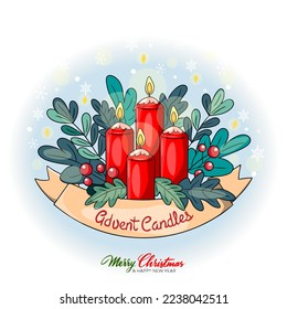 Four burning advent candles vector illustration. Fourth sunday in advent. 4 Advent. Flat Holiday design with candles on blue background.Cartoon flat style ideal for cards posters,social media