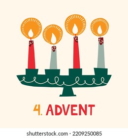 Four Burning Candles in Candle Holder Retro Scandinavian Christmas Card. Nordic Style Flat Illustration. Winter Holidays Wallpaper. Christmas Advent Vector Graphic Print