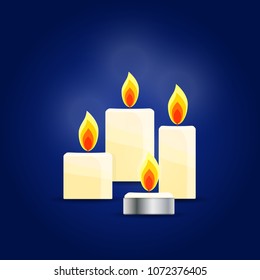 Four Burning candles on dark blue background, memorial candles. Vector Illustration