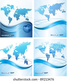 Four Business abstract backgrounds with world map. Vector illustration.