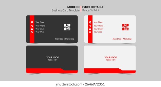 Four business card templates are displayed, two in black and red, and two in white and red. The cards are modern and fully editable.