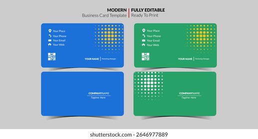 Four business card templates are displayed, two in blue and two in green, with modern designs and editable text fields.