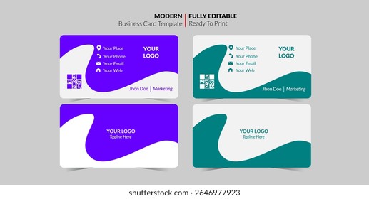 Four business card templates are displayed, two in purple and two in teal, with modern, editable designs.