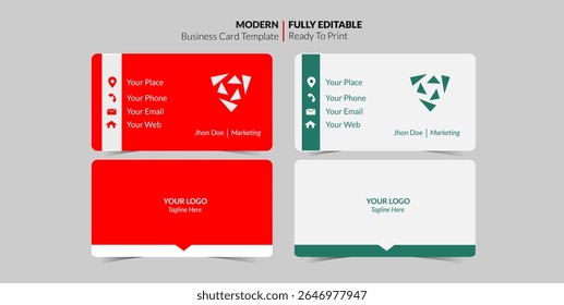 Four business card templates, two red and two green, showcasing contact information and logo placement. Modern and fully editable design.
