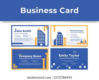 Four business cards designed for real estate agents display contact details and individual specialties. Each card features a unique layout and color scheme suitable for professionals in the industry.