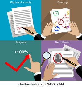 Four business concept illustration. Planning, approval of an agreement, selection of the candidate. Vector illustration