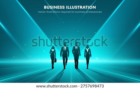 Four business figures stride forward under radiant blue beams. Silhouettes walk confidently toward a glowing future. Dynamic lines and stars suggest innovation and ambition. Ideal for presentations