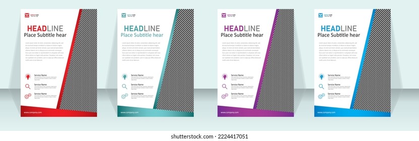Planilla de diseño de cuatro volantes de negocios, fondo, diseño de vector de plantilla para revista, afiche, presentación corporativa, portafografía de volante, diseño moderno en azul rojo