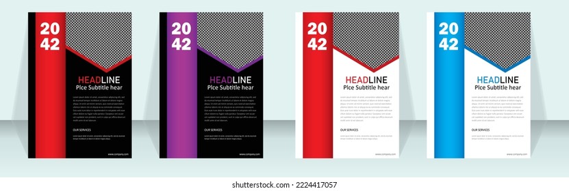 Planilla de diseño de cuatro volantes de negocios, fondo, diseño de vector de plantilla para revista, afiche, presentación corporativa, portafografía de volante, diseño moderno en azul rojo