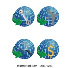 Four business globe icons with travel, dollars, search and communication concepts