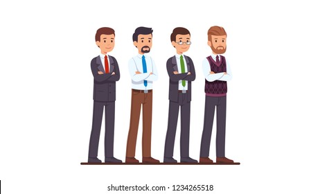 Four business man characters set. Businessman in buttoned and unbuttoned suit, white shirt and casual pants, woollen vest, posing with crossed hands. Flat style cartoon vector isolated illustration