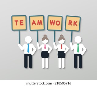 four business men and women showing teamwork signs. creative idea business concept in modern flat style. vector