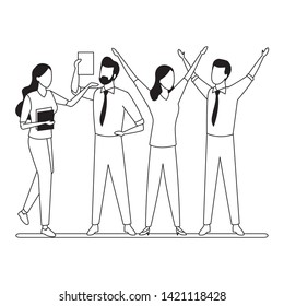 Four business partners working with office supplies in black and white isolated faceless avatar vector illustration graphic design