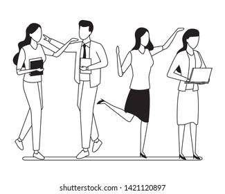 Four business partners working with office supplies in black and white isolated faceless avatar vector illustration graphic design