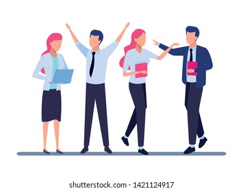 Four business partners working with office supplies colorful isolated faceless avatar vector illustration graphic design