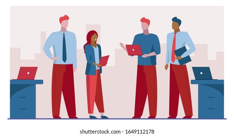 Four business people discussing project. Office staff sharing ideas flat vector illustration. Business meeting, conference, seminar concept for banner, website design or landing web page