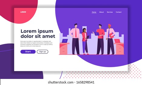 Four business people discussing project. Office staff sharing ideas flat vector illustration. Business meeting, conference, seminar concept for banner, website design or landing web page