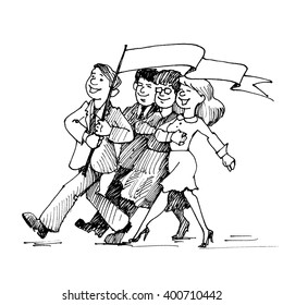 Four business people march with banner. Drawing by hand