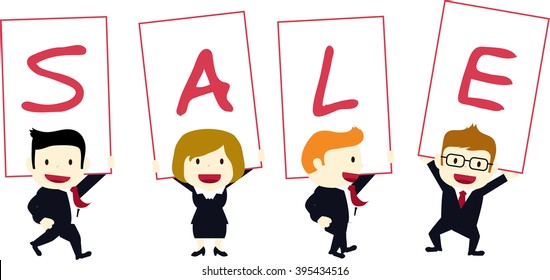 four business people with sale sign